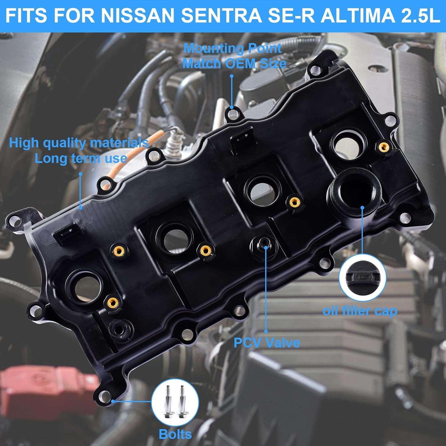 Engine Valve Cover with Gasket Bolts & Oil Cap Compatible with 2007-2012 for Nissan Altima Sentra SE-R 2.5L Replace# 13264-JA00A 13270-JA00A