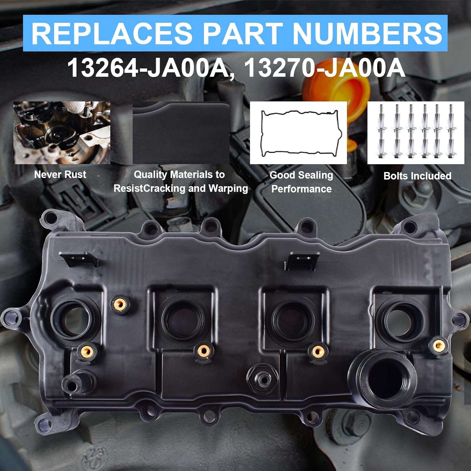 Engine Valve Cover with Gasket Bolts & Oil Cap Compatible with 2007-2012 for Nissan Altima Sentra SE-R 2.5L Replace# 13264-JA00A 13270-JA00A